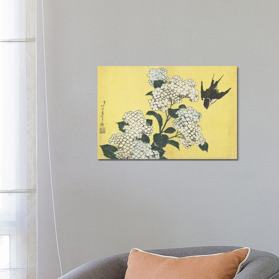 Hydrangea And Swallow, C by Katsushika Hokusai - Wrapped Canvas Print