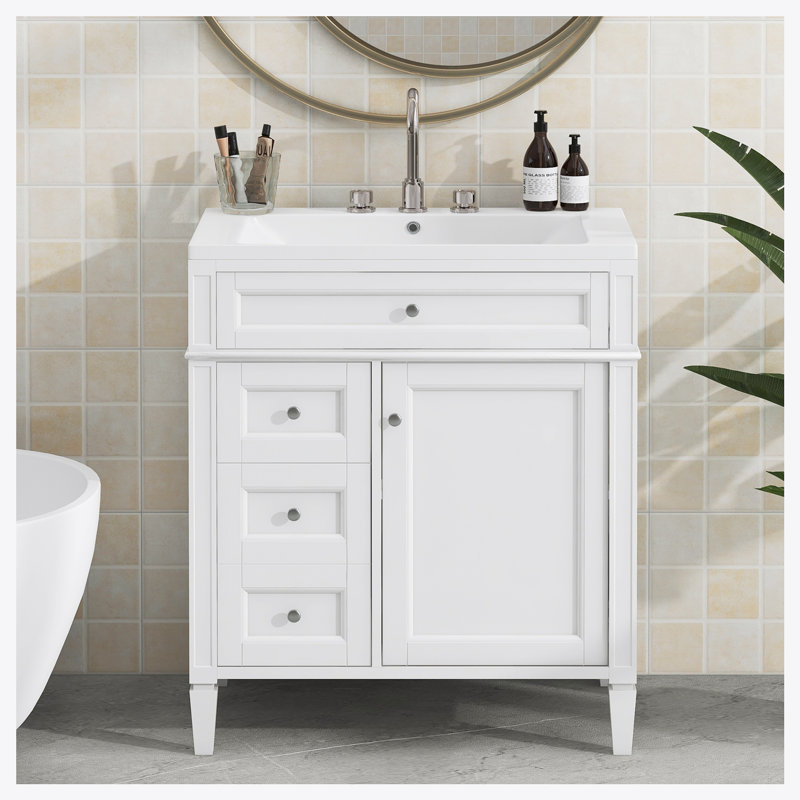 Meuble-lavabo de salle de bain 30 po avec lavabo supérieur, armoire de rangement moderne, Blanc / Blanc