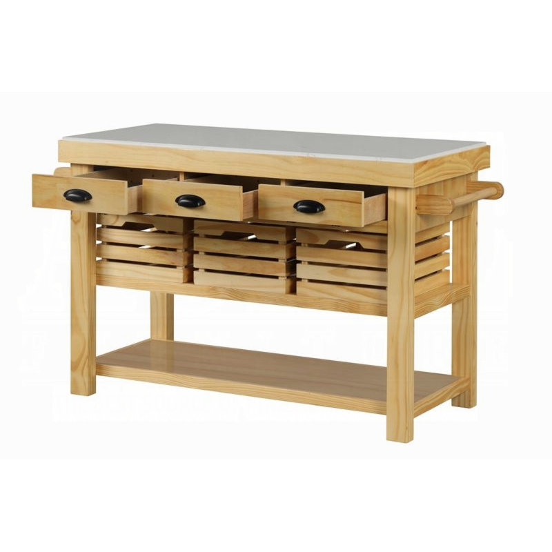 Natural Pine Kitchen Island with Marble Top and Storage
