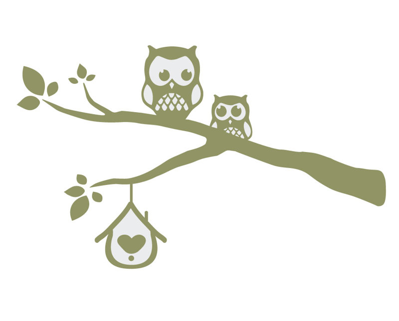 Décalcomanie murale owls sur une branche, H 39 po x l 65 po x P 0,01 po, Olive