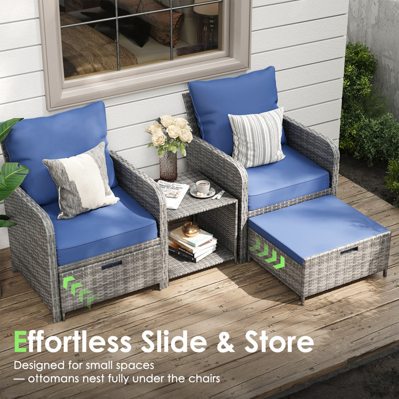 Idamarie Wicker Conversation Set with Ottoman, Blue, Gray
