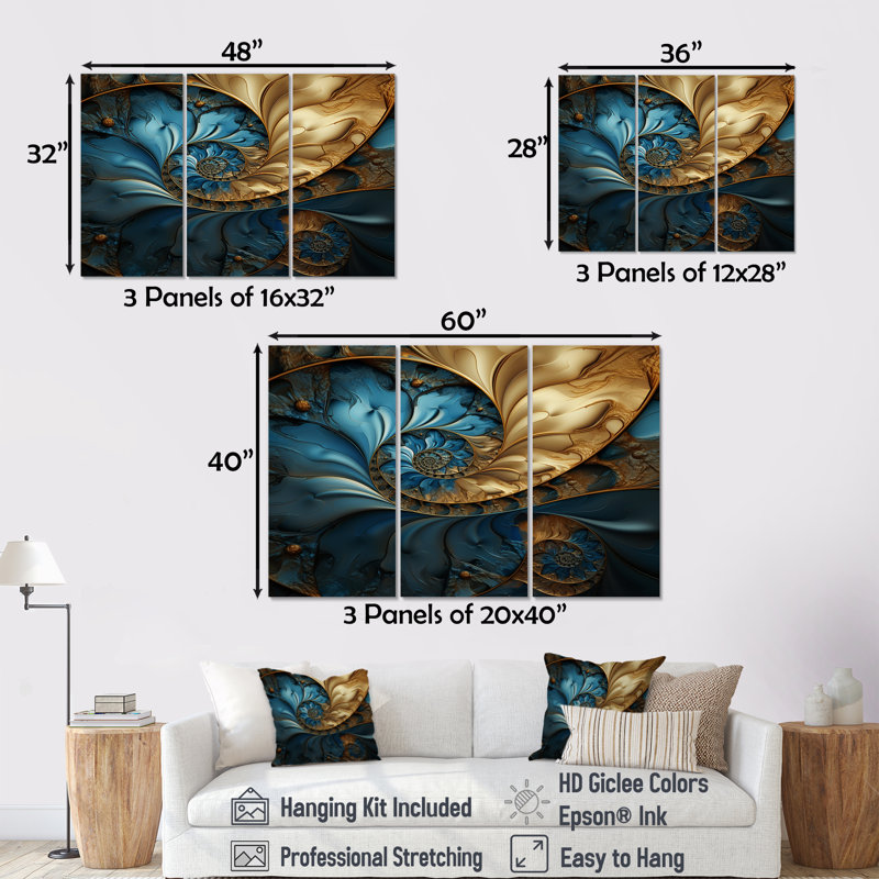 «Warm Gold Deep Ocean Fractal», ensemble de reproductions d'art mural, Toile tendue, H 28 po x l 36 po x P 1 po