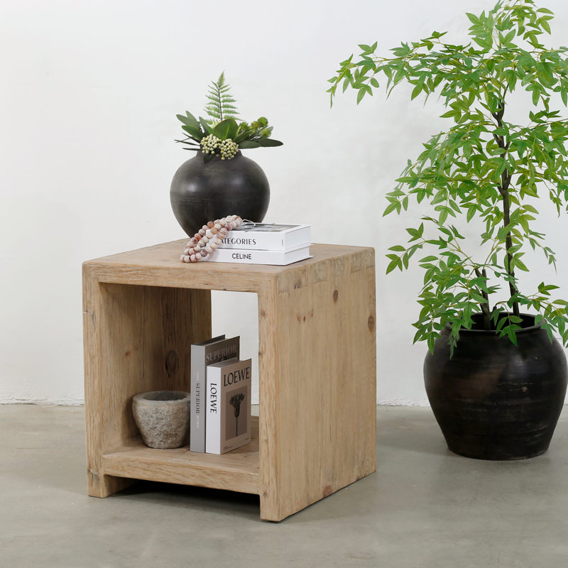 Weathered Wash Solid Wood Rectangular End Table with Storage