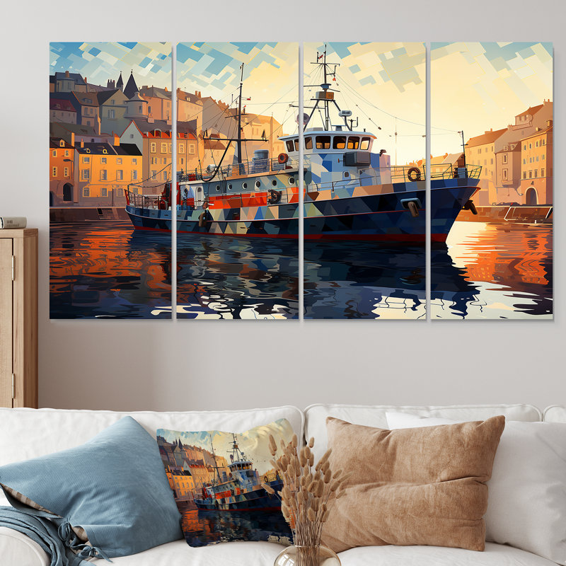 Cubiste bateau de pêche au port - bateau côtier, art mural 4 pièces, H 28 po x l 48 po