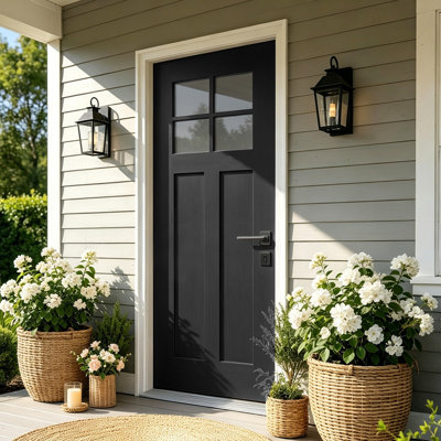 Porte avant en fibre de verre 36 po x 80 po Mordern avec cadre blanc en PVC de 4/9/16 po, porte extérieure avec moulure en brique, peau lisse minimaliste pour l'entrée de la maison