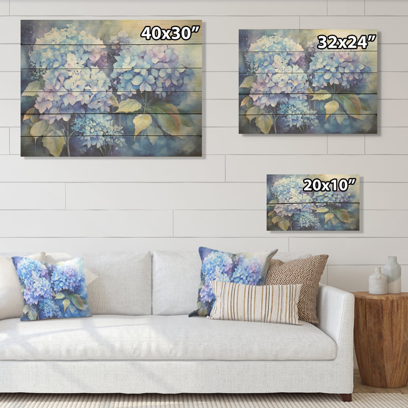 Hortensia bleue ferme nature morte I - Hortensia, art mural sur bois de pin naturel, H 10 po x l 20 po