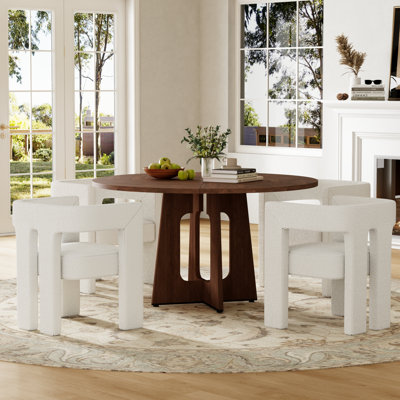 5 Piece Round MDF Dining Set, 47" Mid-Century Modern Table & Teddy Fabric Upholstered Chairs