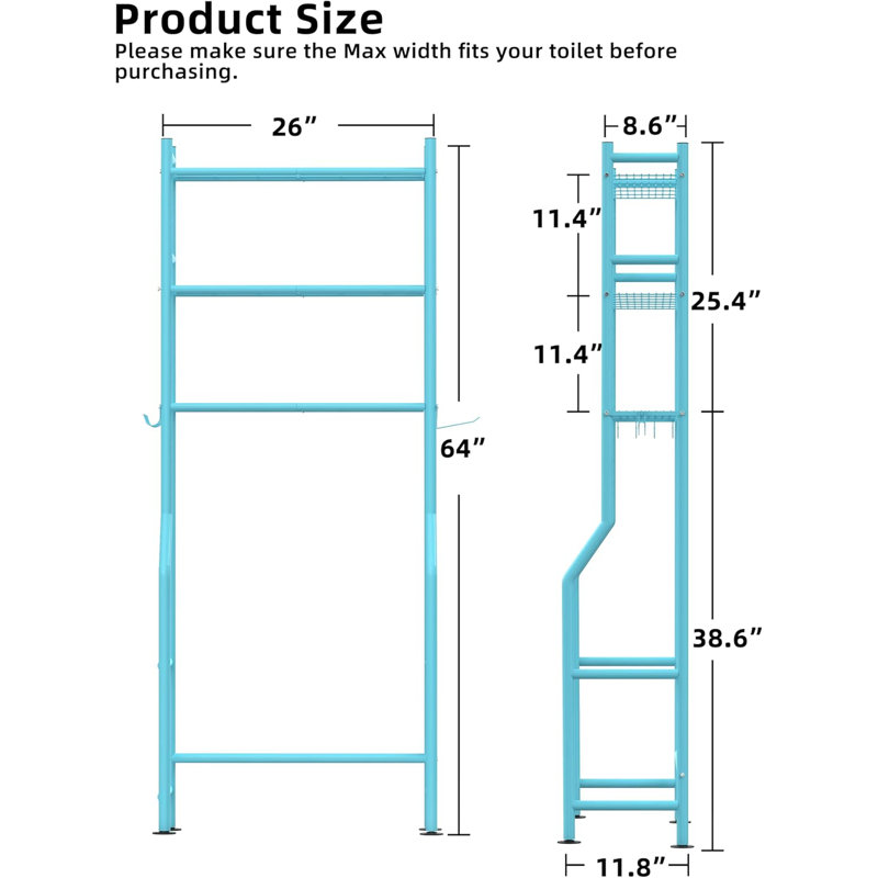 Over The Toilet Storage With 4 Towel Hooks, 3-Tier Freestanding Bathroom Shelves, Metal Over Toilet Storage Shelf With Paper Holder, Above The Toilet Shelf For Bathroom Storage