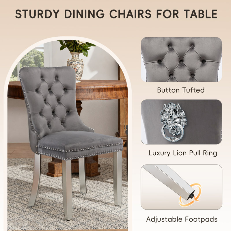  Modern Tufted Velvet Upholstered Dining Chairs Kitchen Chairs (Set of 2), Gray