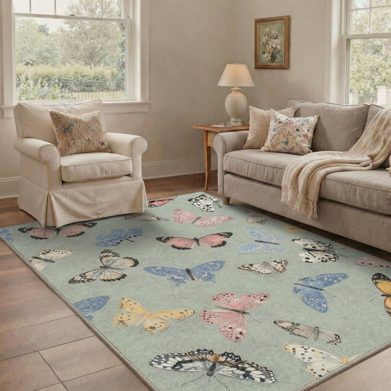 Adonis Aura Floral Butterfly Machine Washable Green / Blue / Pink / Yellow Indoor Area Rug with Non-Slip Backing