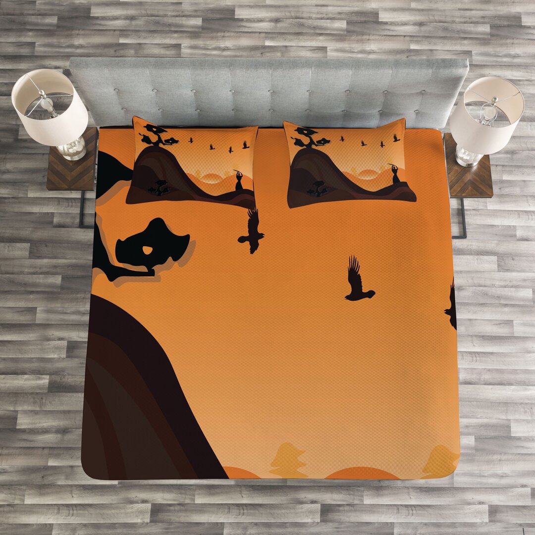 Gestepptes Bettdecken-Set, Landschaft im Sonnenuntergang, Samurai, Orange Braun Schwarz