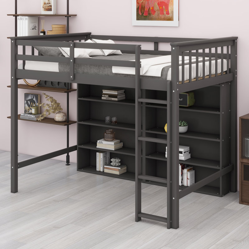 Loft Bed With Open Storage Shelves And Built-In Ladder