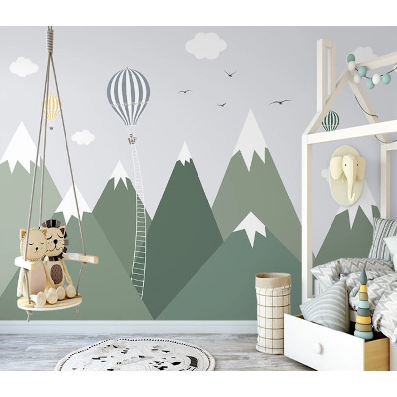 Snowy Green Mountains Hot Air Balloons Clouds Birds Removable Wallpaper, 75" L x 112" W