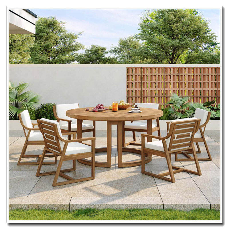 Ensemble repas 7 pièces pour 6 personnes avec trou pour parasol (teck clair)