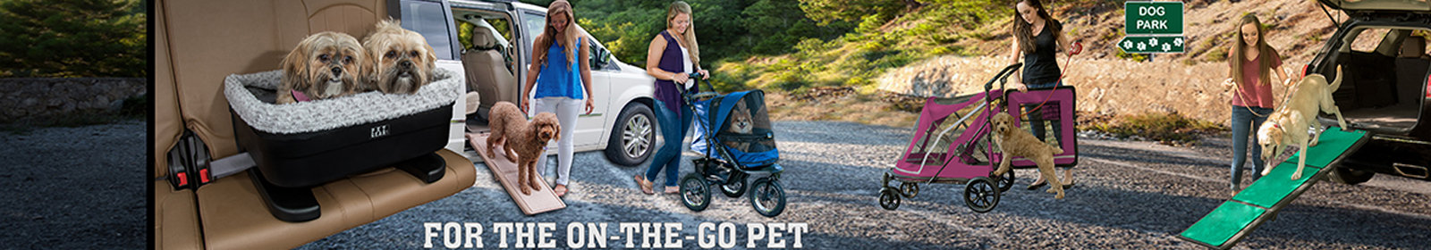 FOR THE ON-THE-GO PET Travel Products Include Strollers Ramps and a booster seat outdoors