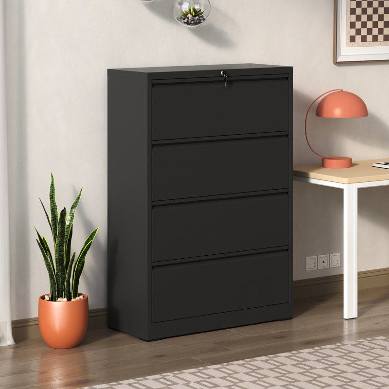 Classeur noir 4 avec serrure, fabrication en métal pour le bureau, permet de ranger des dossiers de format légal / A4 / F4 convenablement verrouillables