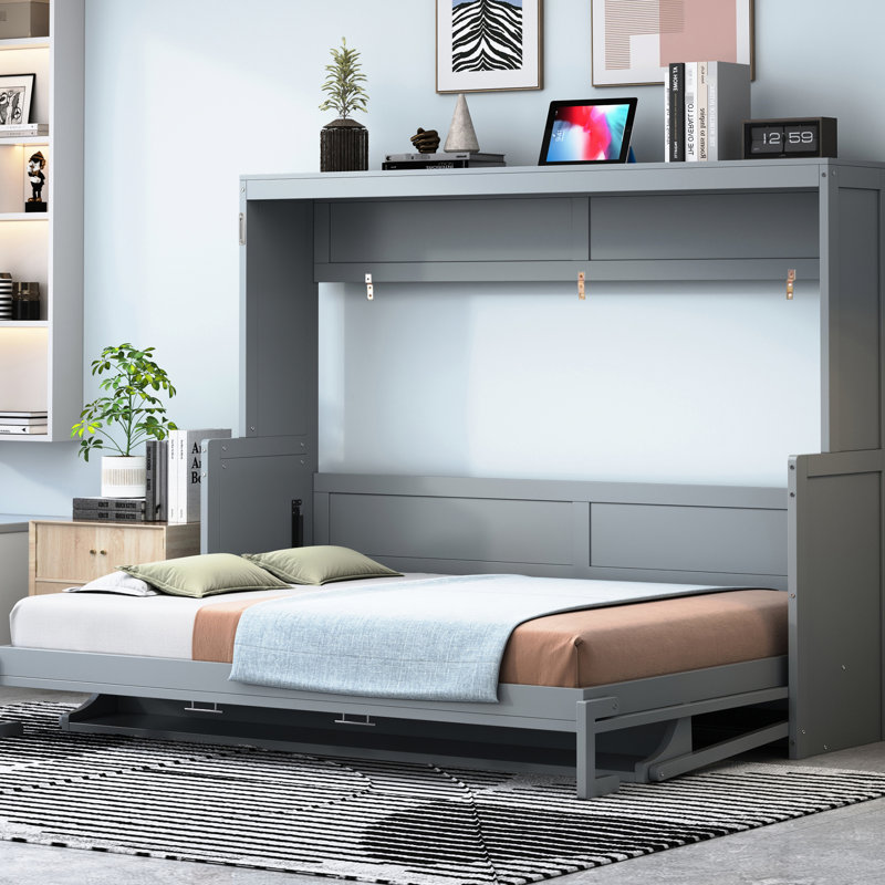 Full Size Bed With Hydraulic Desk, Gray, Space - Saving For Multifunctional Rooms In Flats, Frame, And Mattress Storage, Gray