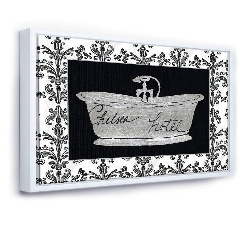 Paris Hotel Bathroom II - Imprimé, Toile encadrée flottée blanche, H 16 po x l 32 po x p 1 po