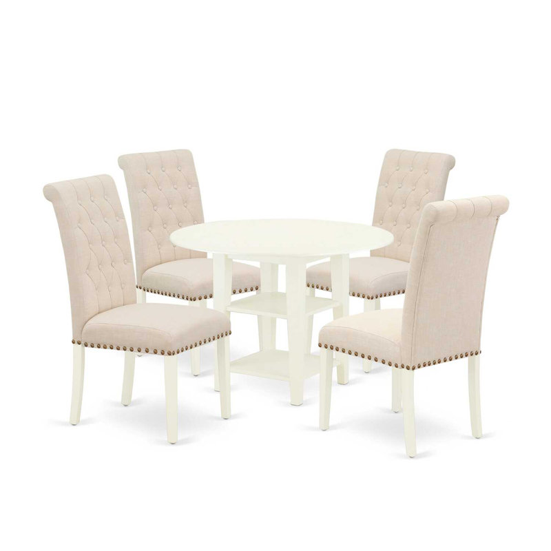 5 Piece Dining Room Table Set Includes a Round Kitchen Table with Dropleaf & Shelves and 4 Light Beige Linen Fabric Parson Chairs, Linen White