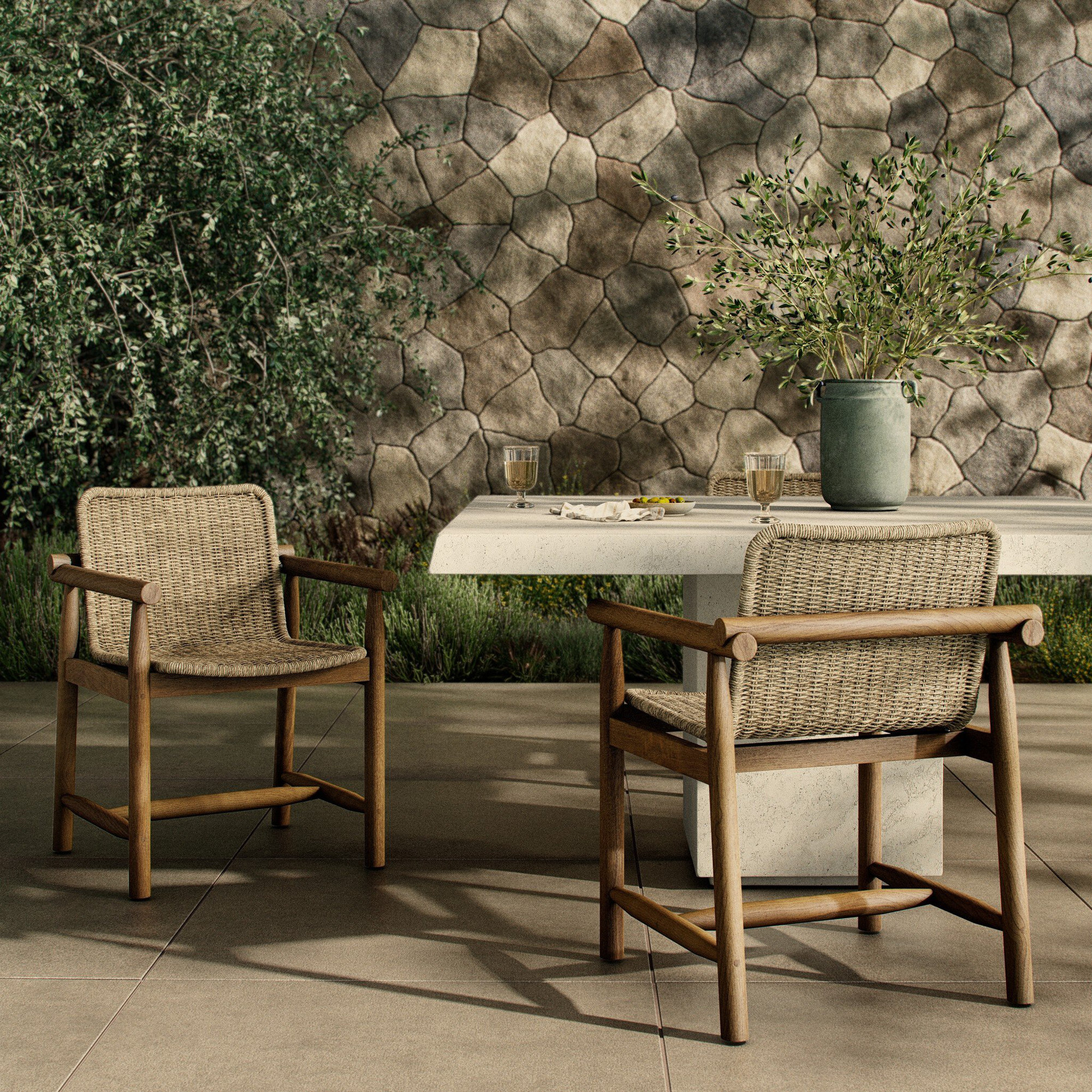 Dume Outdoor Dining Armchair, White/Brown