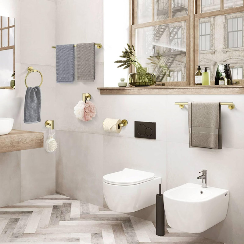 6-Piece Modern Bath Hardware Set With Towel Bar Towel Hook Toilet Paper Holder And Towel Ring Wall Mount , Brushed Gold