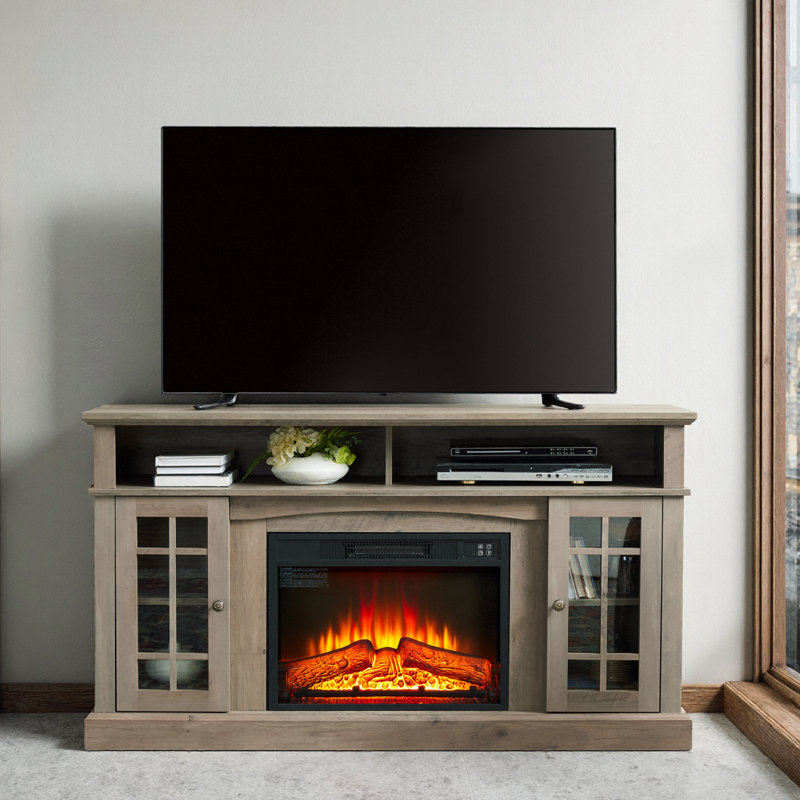 TV Media Stand Modern Entertainment Console With 23" Fireplace Inset For TV Up To 65" With Open And Closed Storage Space, TV Stand
