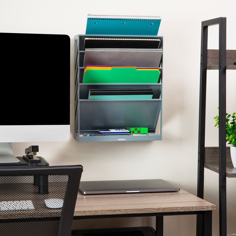Mind Reader 5-Tier Vertical File Storage, Desktop Organizer, Wall Mount, Office, Plastic, 13"L x 4.25"W x 16"H, Gray