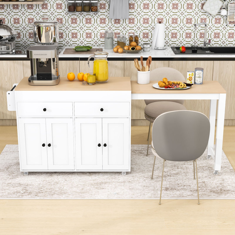 Îlot de cuisine avec table de salle à manger extensible Dosha, étagère à épices et armoire de rangement Dosha, Blanc