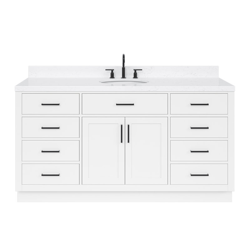 Thornaby 66'' Solid Wood Single Bathroom Vanity with 1.5'' Carrara Quartz Top, White, Oval