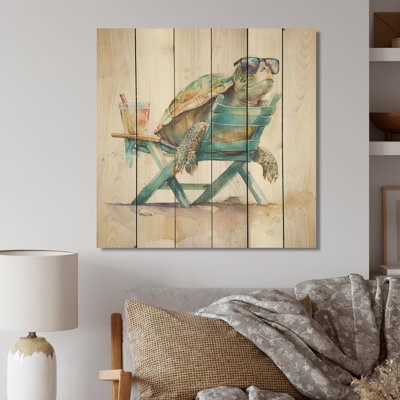 Turtle Laying On A Beach Chair With Sunglasses III - Turtle Print on Wood