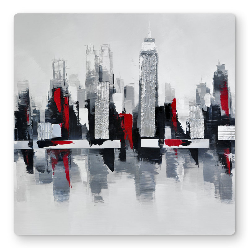 Gray and Red Cityscape - Modern Building Metal Print Decor