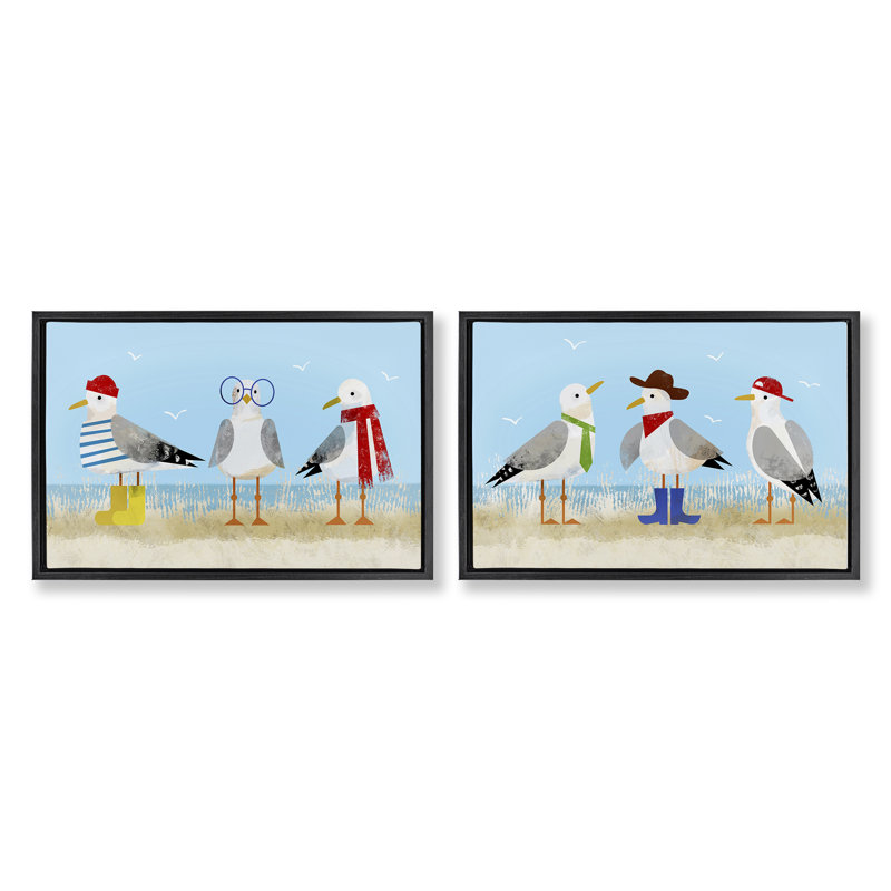 «Stupell Industries Stylish Seagulls at Beach», ensemble de 2 toiles flottantes encadrées par Victoria Barnes