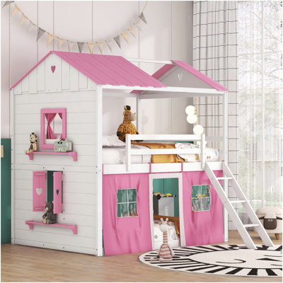 Full Size Bunk Wood House Bed With Elegant Windows, Sills And Tent, Pink+White