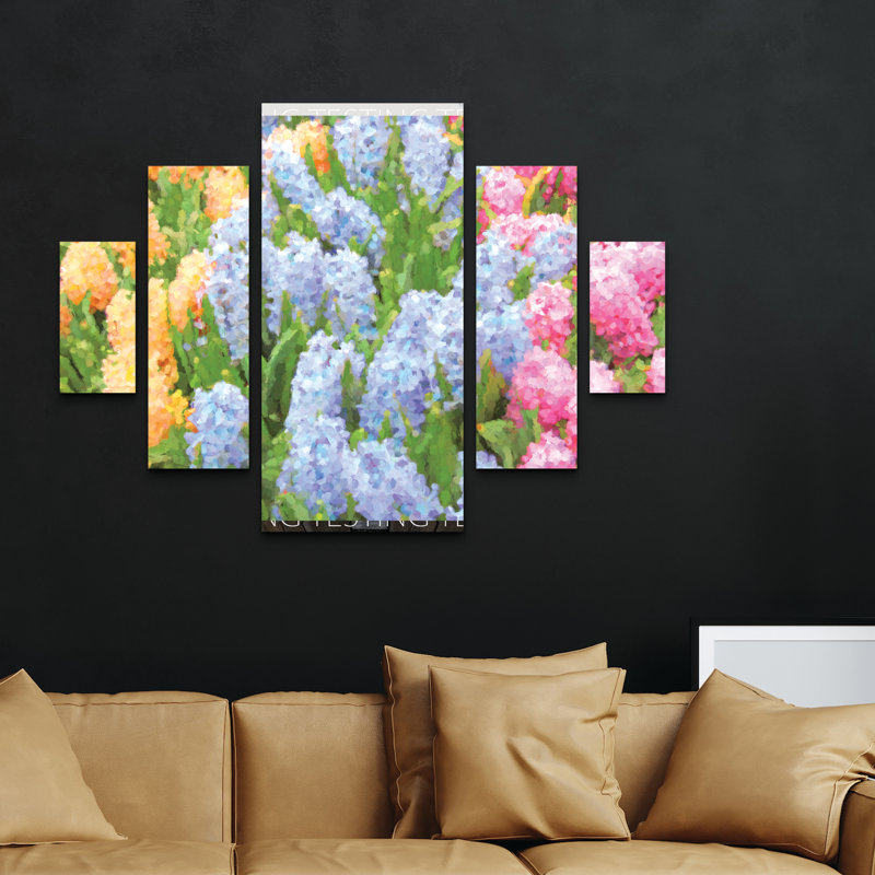 Ensemble de 5 panneaux d'art mural - "Spring Hyacinth Flowers Impressionist" par Jennie Marie Schell, impression sur toile pour le salon, la chambre à coucher ou le bureau 