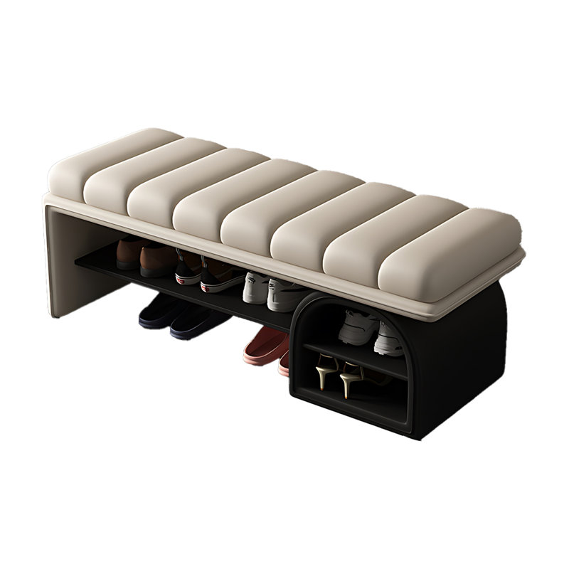 Modern & Contemporary Solid Wood Leather Upholstered Shoe Storage Bench, Beige, 16.93" H x 47.24" W x 16.93" D