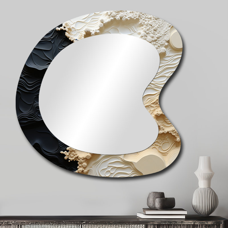 Fredonia, peinture abstraite liquide crème et noire - miroir décoratif côtier asymétrique, miroir mural de forme irrégulière crème, impression sur métal