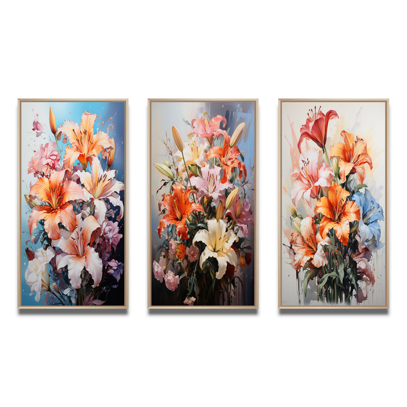 «Lilies Représentation multicolore acrylique III», 3 pièces sur toile, Cadre naturel flottant, H 40 po x l 60 po