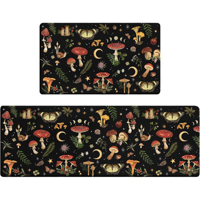 Tapis de cuisine pour tapis Mushroom - noir - ensembles de 2 / coussinés, anti-fatigue, antidérapant, imperméable, mousse à mémoire de forme confortable, tapis pour cuisine, bureau, buanderie, évier, bureau