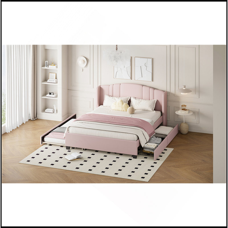 Lit plateforme tapissier avec tête de lit à oreilles, un lit gigogne simple et 2 tiroirs, aucun sommier nécessaire, tissu en lin, grand