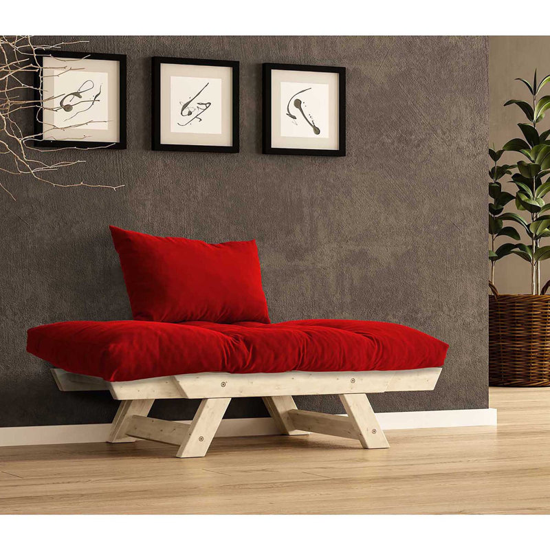 Canapé convertible d'extérieur en bois de pin 1 place avec coussins en lin imperméables, Rouge, Naturel
