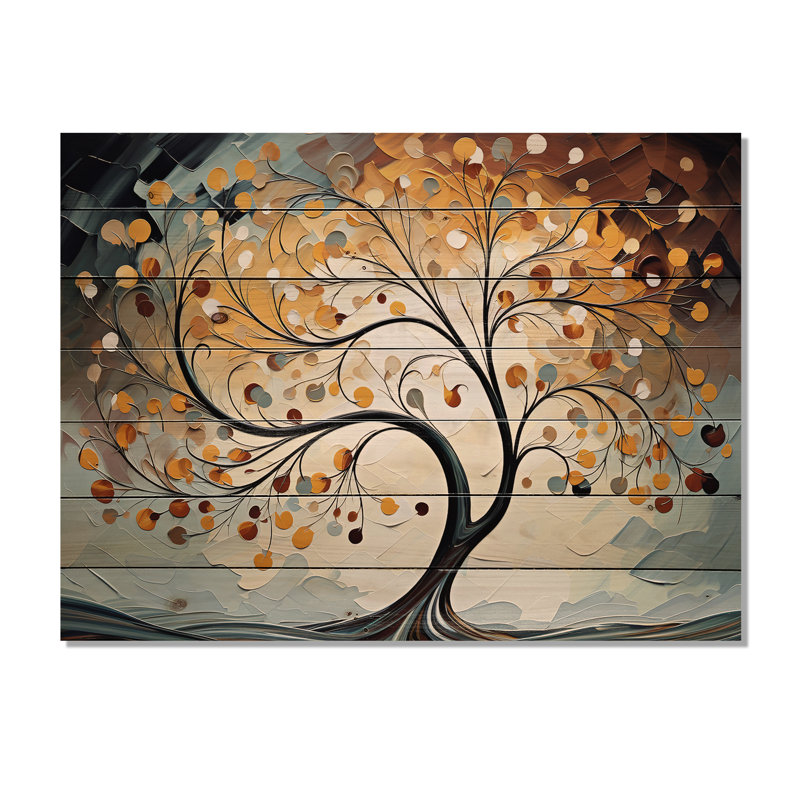 Arbre à baldaquin majestueux jaune et gris sur bois, H 10 po x l 20 po x P 0,78 po