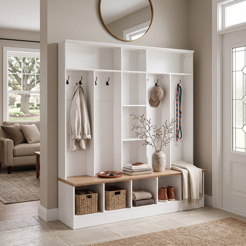 Porte-manteau multifonctionnel large avec banc de rangement et étagères cubiques, organisateur d'entrée minimaliste avec 8 crochets métalliques pour vestiaire, blanc