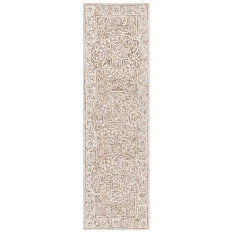 Loujain Hand Tufted Wool Cotton Floral Rug in Brown/Light Blue, Runner 2'3" x 8'