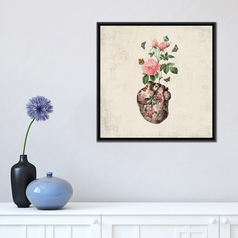 «Love Makes My Heart Bloom», impression sur toile, H 18 po x l 18 po x P 1,5 po, Toile encadrée noire, Pas de tapis