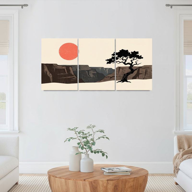 Ensemble de 3 tableaux sur toile tendue représentant un paysage désertique avec soleil rouge et silhouette d'arbre, 2436