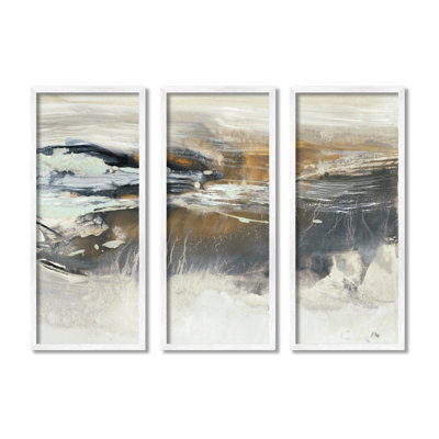 Abstrait gris orageux, vert, vagues de l'océan, crashing, ensemble de 3 giclées encadrées par K. Nari