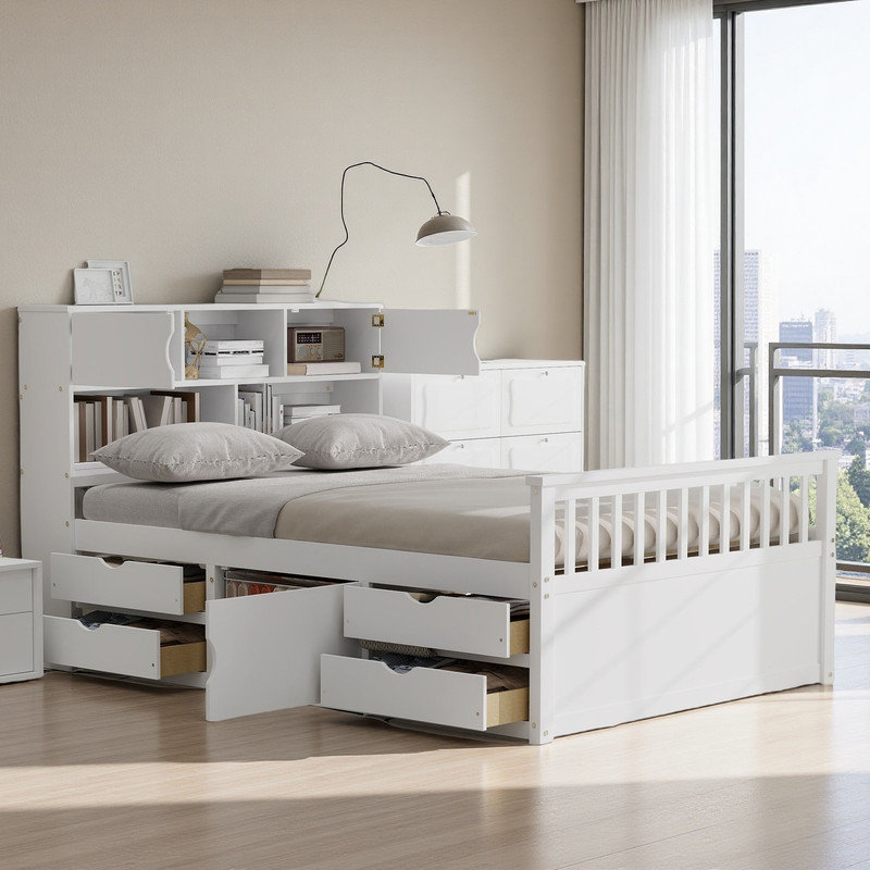 Storage Platform Bed with Bookcases, Drawers and Shelves, Full, White