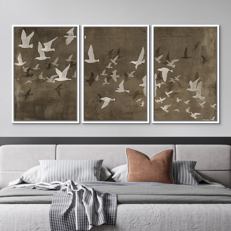 "Volée d'oiseaux abstraits en vol, tons terreux, illustrations bohème moderne", 3 pièces, H 36 po x l 24 po x P 1,5 po, Blanc