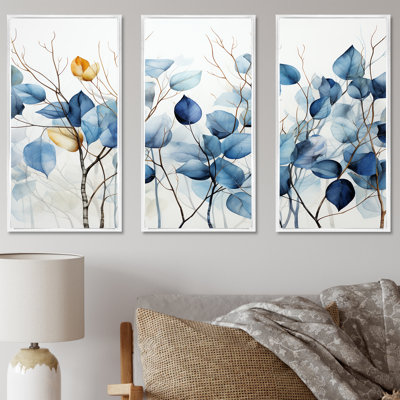 Ensemble d'art mural bleu et gris sur une branche II - feuilles
