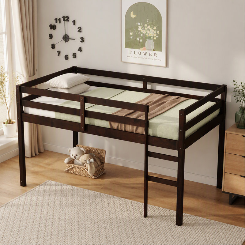 Lit mezzanine simple en bois massif, en bois d'hévéa avec échelle, plateforme de lattes renforcées, espresso, Espresso